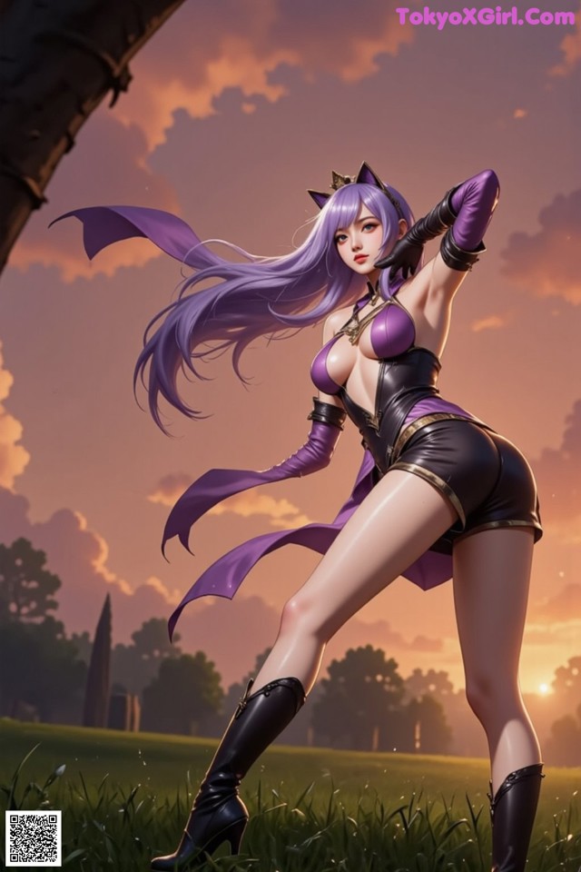 A woman in a purple outfit is standing in a field.