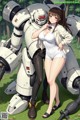 A woman standing next to a giant robot in a forest.