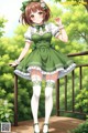 A girl in a green dress and white stockings standing on a wooden deck.