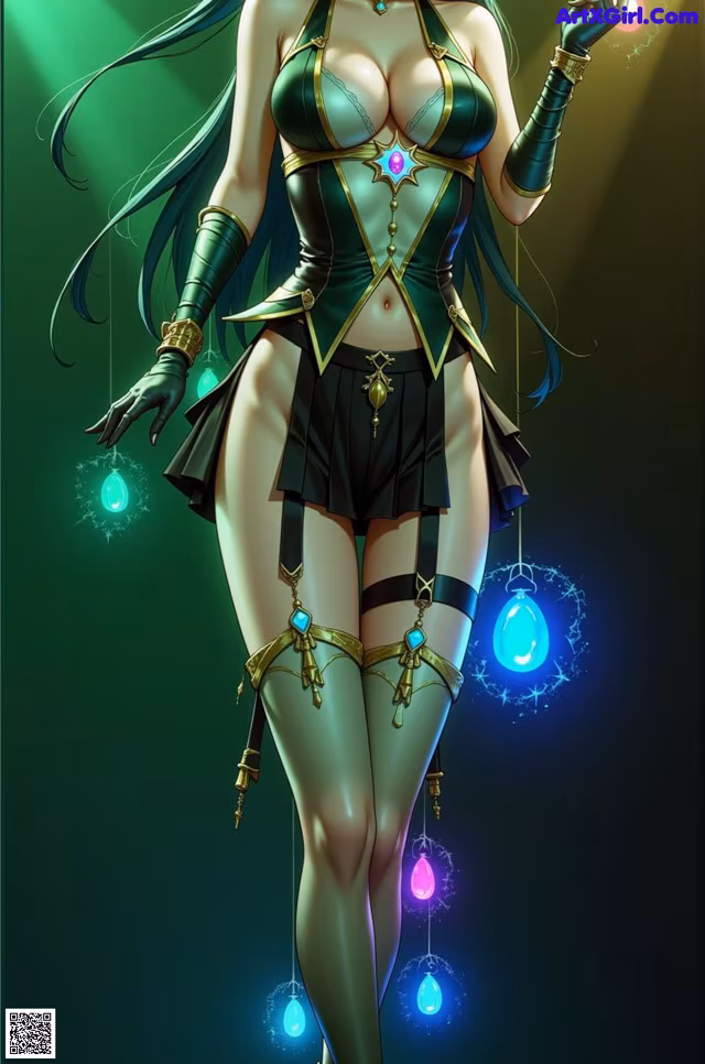 A woman in a green and black outfit holding a wand.