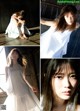 A collage of photos of a woman in a white dress.