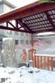 A woman in a bikini standing in the snow.